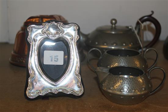 Hammered 3 pce pewter tea set, copper jelly mould & silver photo frame